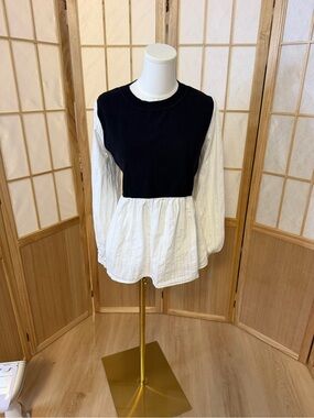Pinch Black and White Peplum Mixed-Media Tunic